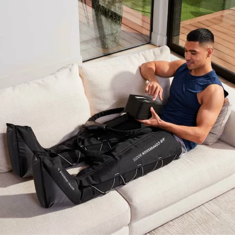 Aparat de presoterapie pentru drenaj limfatic si masaj Alhena® M-PRO 3001, 4 X 4 camere de compresie aer, 6 moduri de tratament, 30-250 mmHg, recuperare medicala, masaj terapeutic, refacere musculara, marimea XL, negru