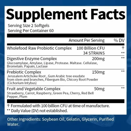 Probiotic 100 de miliarde de unitati formatoare de colonii, 34 de tulpini cu probiotice si enzime digestive pentru imunitate puternica, echilibrului florei intestinale, capsule moi