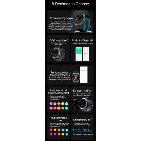 Ceas smartwatch pentru masurarea glicemiei fara intepare, Alhena®  530mAh, NFC, SOS, Bratara pentru apeluri Ecg, Pompa de aer, Tensiune arteriala, Oxigen din sange, Sport Fitness S26, negru