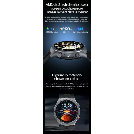 Ceas smartwatch pentru masurarea glicemiei fara intepare, Alhena®  530mAh, NFC, SOS, Bratara pentru apeluri Ecg, Pompa de aer, Tensiune arteriala, Oxigen din sange, Sport Fitness S26, negru