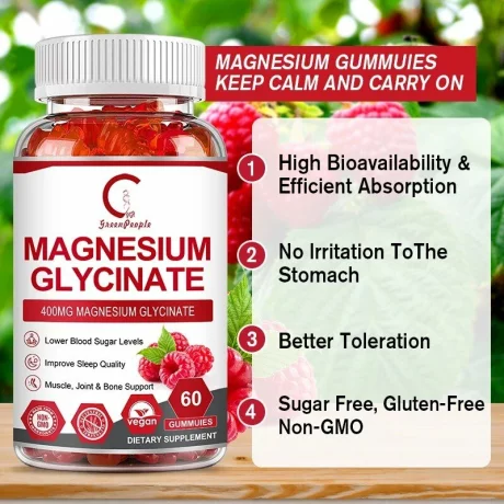 Glicinat de magneziu pentru dispozitie si creier, Formula de sustinere a somnului si a creierului, relaxarea muschilor si a inimii, 60 jeleuri gumate cu aroma de zmeura
