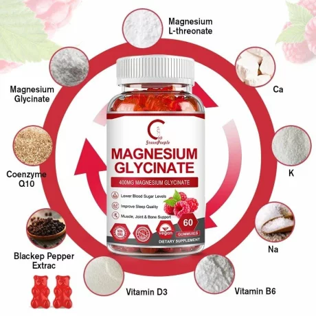 Glicinat de magneziu pentru dispozitie si creier, Formula de sustinere a somnului si a creierului, relaxarea muschilor si a inimii, 60 jeleuri gumate cu aroma de zmeura