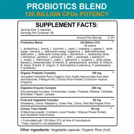 Probiotic 120 de miliarde de unitati formatoare de colonii, 36 de tulpini cu probiotice si enzime digestive pentru imunitate puternica, echilibrului florei intestinale, capsule moi