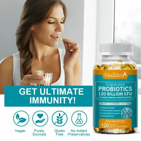 Probiotic 120 de miliarde de unitati formatoare de colonii, 36 de tulpini cu probiotice si enzime digestive pentru imunitate puternica, echilibrului florei intestinale, capsule moi