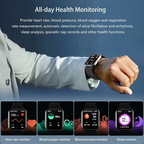 Alhena® Monitorizare glicemie,  Ecran HD 2, 04 inch, Notificari Apeluri/Mesaje, Monitorizare Fitness, Ritm Cardiac si Tensiune Arteriala, Compatibil iOS/Android,  HK26A, Gri