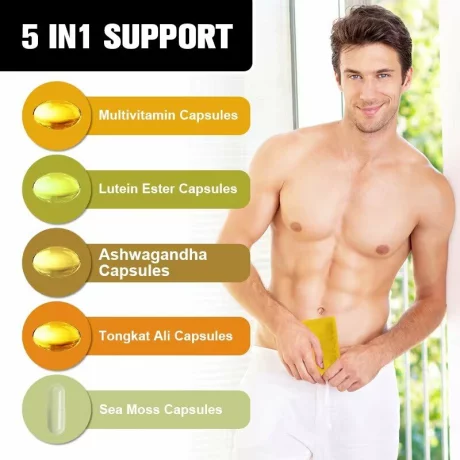Supliment alimentar pentru 1 luna, 5 Capsulele softgel pe zi, furnizează vitamine energetice și construiesc un organism sanatos, Multi-vitamin,  Lutein Ester, Ashwagandha, Tongkat Ali, Sea Moss,