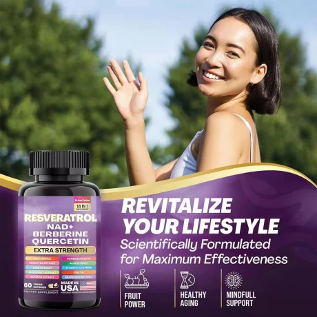 Capsule cu Resveratrol 14‑in‑1 – Resveratrol, NAD⁺, Berberina, Quercetina si Armurariu – Complex Antioxidant pentru Intinerire si Energie Sporita – 60 Capsule Vegetale