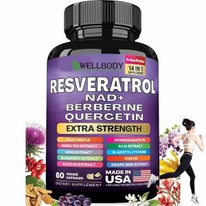 Capsule cu Resveratrol 14‑in‑1 – Resveratrol, NAD⁺, Berberina, Quercetina si Armurariu – Complex Antioxidant pentru Intinerire si Energie Sporita – 60 Capsule Vegetale