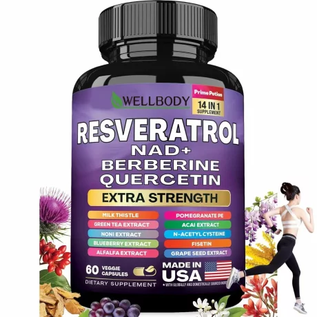 Capsule cu Resveratrol 14‑in‑1 – Resveratrol, NAD⁺, Berberina, Quercetina si Armurariu – Complex Antioxidant pentru Intinerire si Energie Sporita – 60 Capsule Vegetale