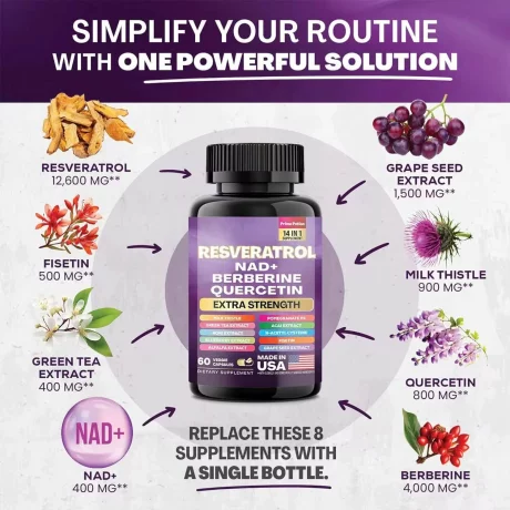 Capsule cu Resveratrol 14‑in‑1 – Resveratrol, NAD⁺, Berberina, Quercetina si Armurariu – Complex Antioxidant pentru Intinerire si Energie Sporita – 60 Capsule Vegetale