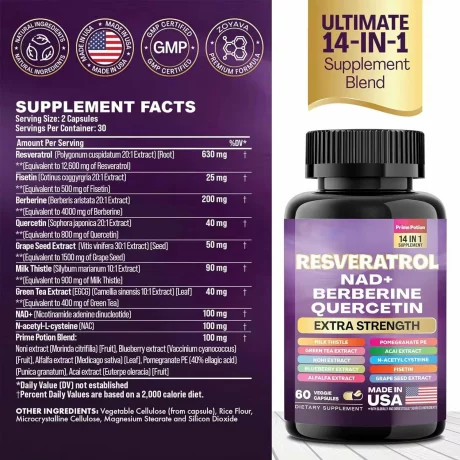 Capsule cu Resveratrol 14‑in‑1 – Resveratrol, NAD⁺, Berberina, Quercetina si Armurariu – Complex Antioxidant pentru Intinerire si Energie Sporita – 60 Capsule Vegetale