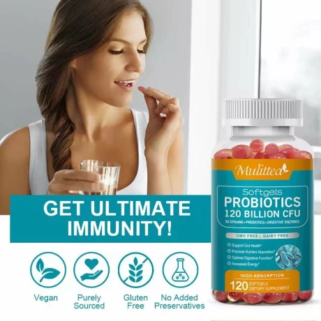 Probiotic 120 de miliarde de unitati formatoare de colonii, 36 de tulpini cu probiotice si enzime digestive pentru imunitate puternica, echilibrului florei intestinale, capsule moi