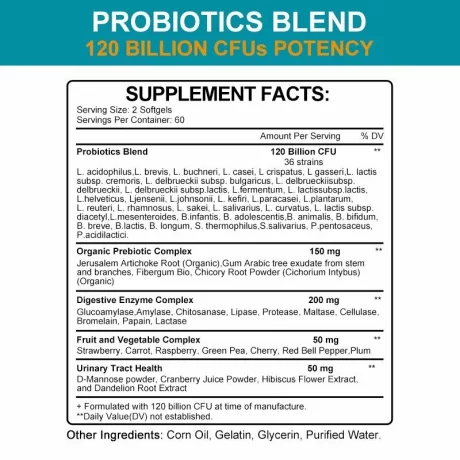 Probiotic 120 de miliarde de unitati formatoare de colonii, 36 de tulpini cu probiotice si enzime digestive pentru imunitate puternica, echilibrului florei intestinale, capsule moi