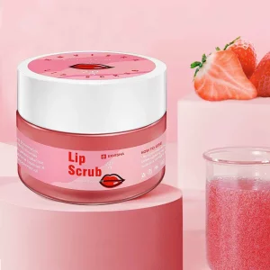 Scrub pentru buze cu extract de căpșuni – Envisha, 100% vegan, 30g, cu zaharoză organică, ulei de cocos, ceară de albine, unt de shea