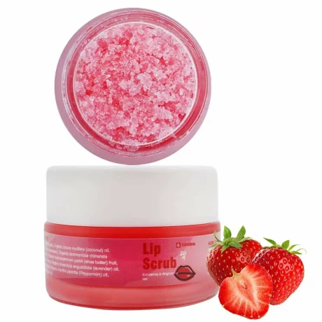 Scrub pentru buze cu extract de căpșuni – Envisha, 100% vegan, 30g, cu zaharoză organică, ulei de cocos, ceară de albine, unt de shea