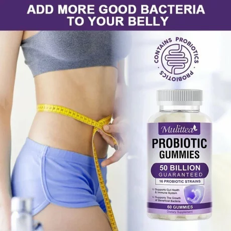 Probiotice gumate pentru sprijinirea digestiei, reglarea dezechilibrelor florei intestinale, mentin microbiomul intestinal in echilibru, cu 50 de miliarde de CFU si 16 tulpini de probiotice studiate clinic, 60 buc