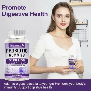 Probiotice gumate pentru sprijinirea digestiei, reglarea dezechilibrelor florei intestinale, mentin microbiomul intestinal in echilibru, cu 50 de miliarde de CFU si 16 tulpini de probiotice studiate clinic, 60 buc