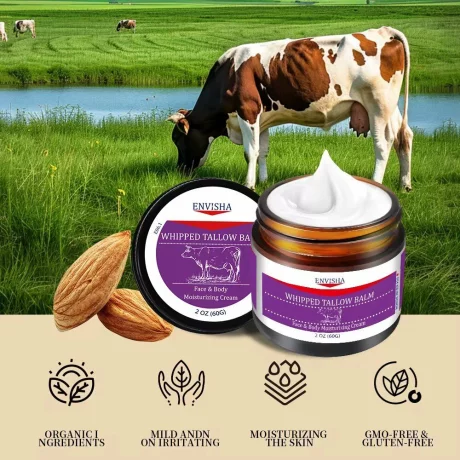 Crema seu de vită finit cu grăsime, ulei de migdale dulci presat la rece organic, pentru  pielea sensibilă, inclusiv a bebelușilor, la cea predispusă la acnee, grasă, uscată, cu eczeme, psoriazis, tăieturi, zgârieturi