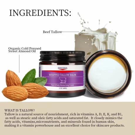Crema seu de vită finit cu grăsime, ulei de migdale dulci presat la rece organic, pentru  pielea sensibilă, inclusiv a bebelușilor, la cea predispusă la acnee, grasă, uscată, cu eczeme, psoriazis, tăieturi, zgârieturi