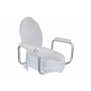 Scaun de toaletă ridicat Homecraft din PP, reglabil pe înălțime, 180 kg cu cotieră, 10 cm, Inaltator WC cu capac, pentru persoane în vârstă, postoperatorie, femei însărcinate , manere de sustinere D-4A-B