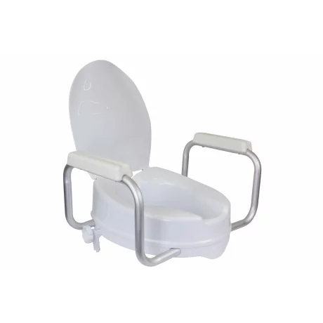Scaun de toaletă ridicat Homecraft din PP, reglabil pe înălțime, 180 kg cu cotieră, 10 cm, Inaltator WC cu capac, pentru persoane în vârstă, postoperatorie, femei însărcinate , manere de sustinere D-4A-B
