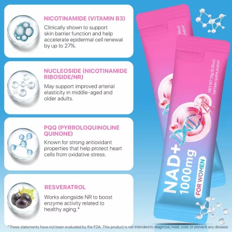 Supliment lichid cu nicotinamida si resveratrol 1000 mg NAD+, extract din plante, vitamina anti-imbatranire pentru femei, 21 plicuri