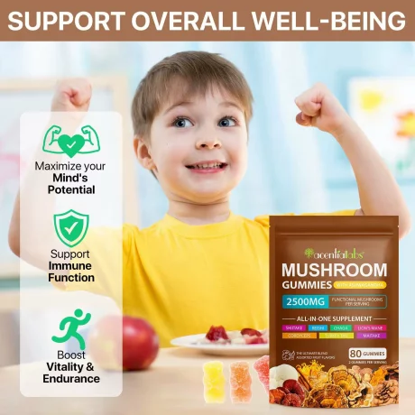 Mushroom Complex, Ashwagandha, jeleuri din extract deciuperci sustine functia cognitiva, sanatate imunitara, energie, ameliorarea stresului, 80 buc