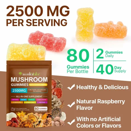Mushroom Complex, Ashwagandha, jeleuri din extract deciuperci sustine functia cognitiva, sanatate imunitara, energie, ameliorarea stresului, 80 buc