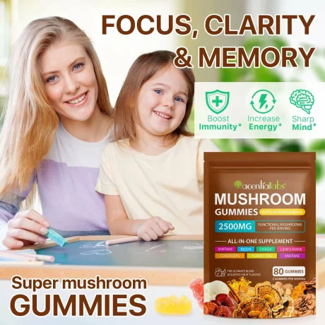 Mushroom Complex, Ashwagandha, jeleuri din extract deciuperci sustine functia cognitiva, sanatate imunitara, energie, ameliorarea stresului, 80 buc