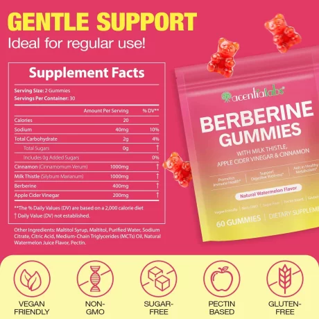 Berberine, Jeleuri complexe all-in-1 pentru slabit, cu extract de berberina Cidru de mere si armurariu, 60 bucati