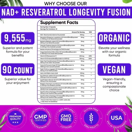 Capsule cu Resveratrol 18‑in‑1 – Resveratrol, NAD⁺, Berberina, Quercetina si Armurariu – Complex Antioxidant pentru Intinerire si Energie Sporita – 60 Capsule Vegetale