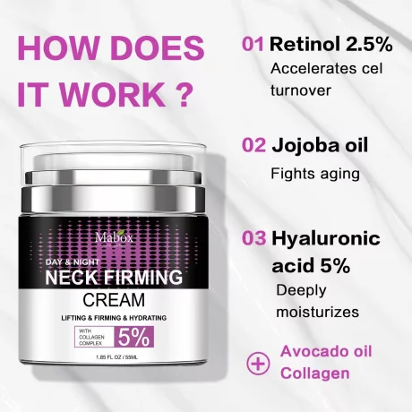 Crema pentru gat si decolteu Mabox Neck Firming Day &amp; Night, Colagen Complex 5%, Retinol, Acid Hialuronic, Ulei de Cocos, Ulei de Jojoba, Aloe Vera, Vitamina E