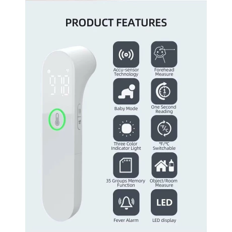 Termometru digital de uz casnic, fără contact, cu infraroșu, pentru frunte și ureche, pentru adulți/bebeluși, electric, Alhena IR-209