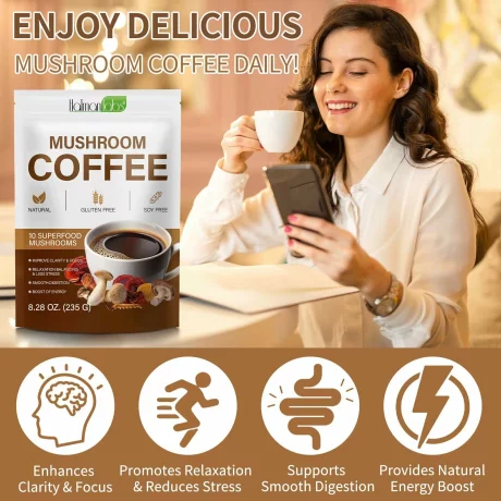 Mushroom Coffee – Cafea Superfood cu 10 Ciuperci Medicinale pentru Energie, Claritate Mentala si Imunitate, Naturala, Fara Gluten si Fara Soia (235 g)