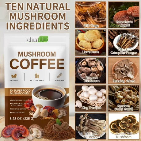 Mushroom Coffee – Cafea Superfood cu 10 Ciuperci Medicinale pentru Energie, Claritate Mentala si Imunitate, Naturala, Fara Gluten si Fara Soia (235 g)