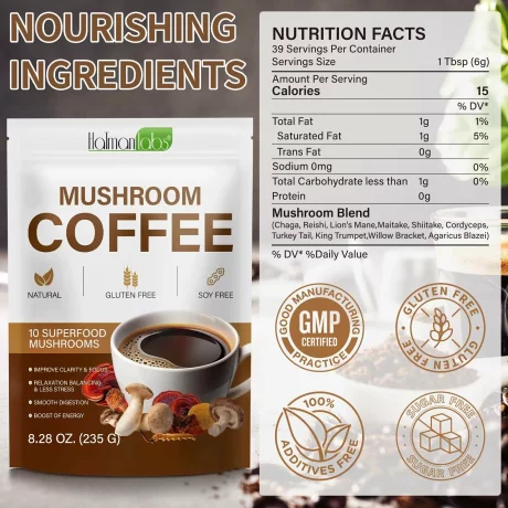 Mushroom Coffee – Cafea Superfood cu 10 Ciuperci Medicinale pentru Energie, Claritate Mentala si Imunitate, Naturala, Fara Gluten si Fara Soia (235 g)