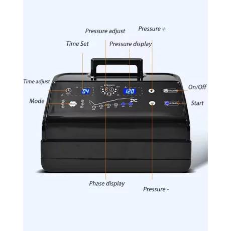 Aparat de presoterapie pentru drenaj limfatic si masaj Alhena® M-PRO 3001, 4 X 6 camere de compresie aer, 6 moduri de tratament, 30-250 mmHg, recuperare medicala, masaj terapeutic, refacere musculara, marimea XXL, negru