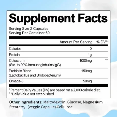 Colostru bovin, favorizeaza digestia, intareste sistemul imunitar, antimicrobian, bogat in nutrienti, 60 capsule