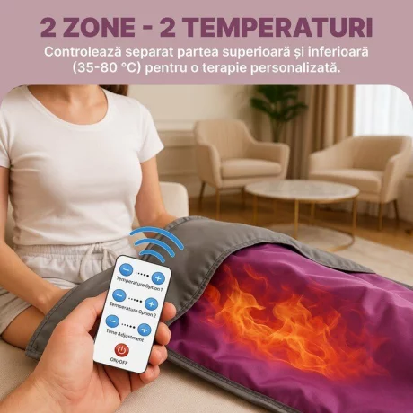 Termocuverta Cu Infrarosu 2 Zone si Patura cu Incalzire Electrica, Alhena® XC-RZT02, Cu Maneci Si Telecomanda, Incalzire Uniforma Pentru Tratamente Corporale, Relaxare Si Slabire