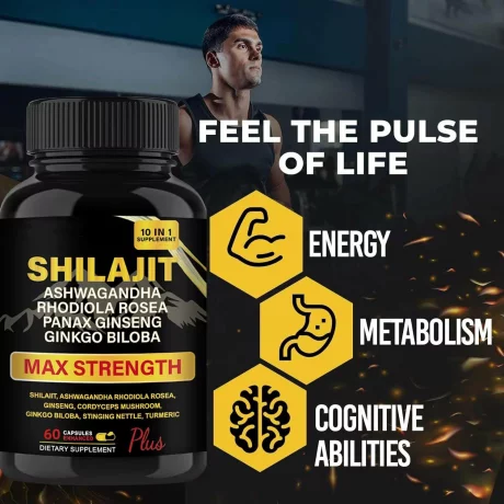 Shilajit Capsule Ashwagandha Max Strength Energetic, Supliment alimentar 60 Capsule Himalayan Shilajit