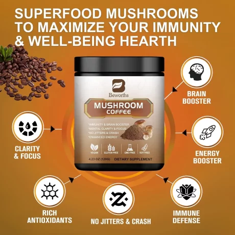 Set 10 Cafea instant din ciuperci Reishi, Lions Mane. Coama de leu, Chaga, Cordyceps si Coada de curcan pentru energie, claritate mentala si concentrare, stimulare a creierului, 250g