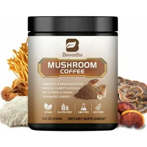Set 10 Cafea instant din ciuperci Reishi, Lions Mane. Coama de leu, Chaga, Cordyceps si Coada de curcan pentru energie, claritate mentala si concentrare, stimulare a creierului, 250g