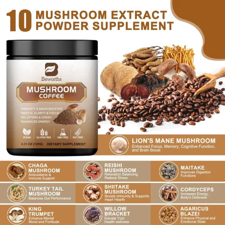 Set 10 Cafea instant din ciuperci Reishi, Lions Mane. Coama de leu, Chaga, Cordyceps si Coada de curcan pentru energie, claritate mentala si concentrare, stimulare a creierului, 250g