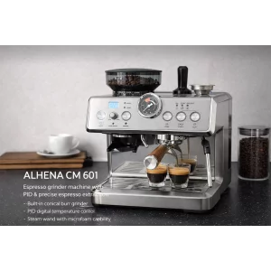 Espressor profesional 3 in 1 semiautomat, Alhena®, Ecran tactil, Rasnita Integrata, Sistem de Spumare Lapte, Carafa pentru lapte, boiler dublu, pompa Ulka, 58 mm, 20 bari, pentru hoteluri, clinici