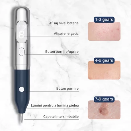 Aparat Plasma Pen, Alhena®, Indepartarea pistruilor, veruci, alunite, pete, Ecran LED, 9 nivele reglabile, Reincarcabil, Portabil, fiind sigur de utilizat, 11 Capete intersimbabile, Albastru