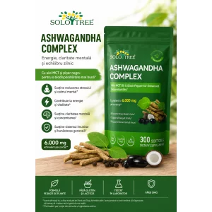 Ashwagandha Complex Solo Tree 6000 mg, cu MCT Oil &amp; Piper Negru, 300 Softgels, pentru stres, energie și claritate mentală