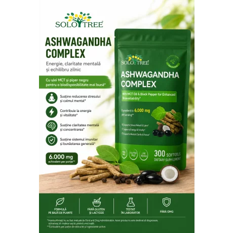 Ashwagandha Complex Solo Tree 6000 mg, cu MCT Oil &amp; Piper Negru, 300 Softgels, pentru stres, energie și claritate mentală