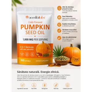 Ulei din semințe de dovleac presat la rece AccentiaLabs, 1000 mg, 300 capsule, cu Saw Palmetto, Non-GMO, fără gluten