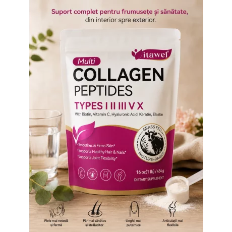 Colagen Multi Tipuri – Frumusețe și Sănătate din Interior, biotină, vitamina C pentru flexibilitatea articulațiilor, părul sănătos, unghiile, susținerea sistemului imunitar - GMP HACCP