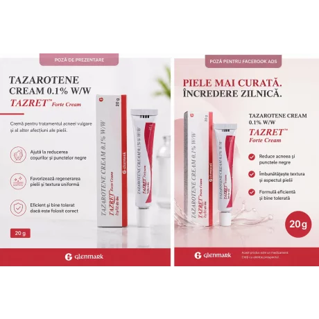 Crema Tazret 0.1%, Tazarotena, Glenmark, 20gr – Solutia Avansata pentru Combaterea Acneei si Regenerarea Pielii, tratament psoriazis, riduri, acnee